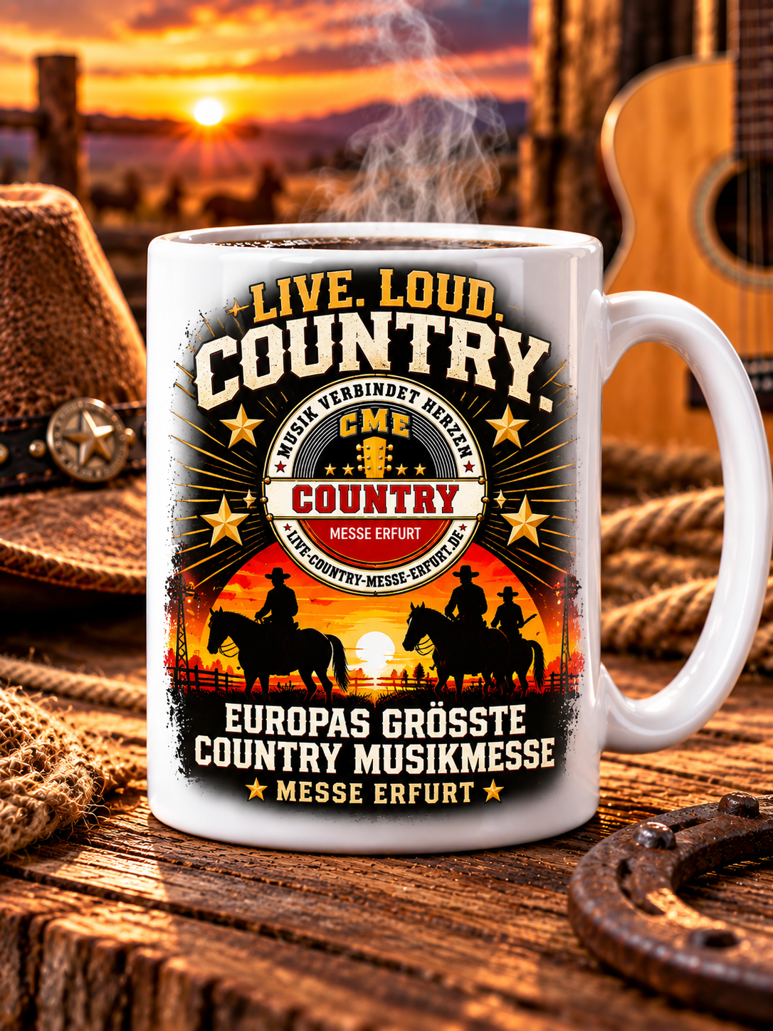 Country Music Messe Erfurt – Live Loud Country Tasse mit Cowboy-Motiv